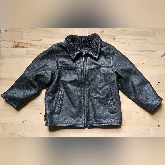 Kids 5T, 100% Leather, Weatherproof, Black Leather Jacket, Bomber - Picture 1 of 14